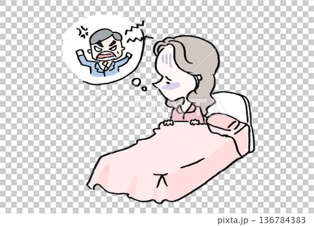 一位憂鬱的女性因為想起她憤怒的老闆而不想去上班(職場騷擾、拒絕上班、心理健康插畫) 一位憂鬱的女性因為想起她憤怒的老闆而不想去上班(職場騷擾、拒絕上班、心理健康插畫) 136784383