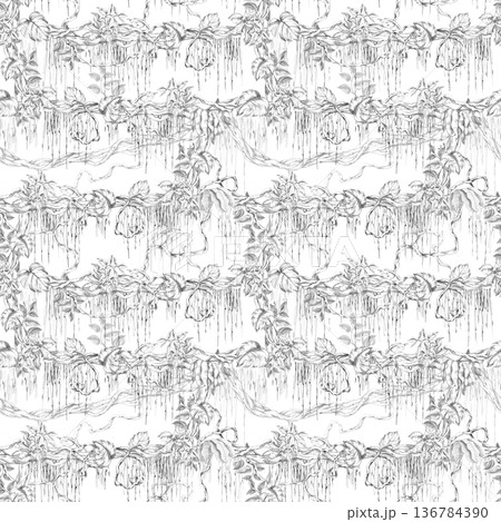 A seamless pattern featuring horizontal vines entwined with leaves on a dark background. Isolated illustration for botanical branding, travel brochures, organic products, and natural cosmetics. 136784390
