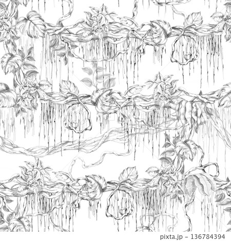 Seamless pattern featuring horizontal vines entwined with leaves. Isolated illustration for botanical branding, travel brochures, organic products, and natural cosmetics. Seamless pattern featuring horizontal vines entwined with leaves. Isolated illustration for botanical branding, travel brochures, organic products, and natural cosmetics. 136784394