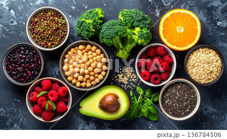 A colorful collection of fresh Easter eggs sits on a rustic wooden background alongside healthy seeds and dried berries in a vibrant display of color 136784506