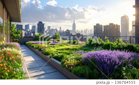 A vibrant green city park provides a scenic urban landscape view of the Chicago downtown skyline and architectural skyscrapers under a clear blue spring sky 136784555