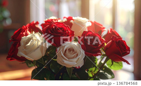 A beautiful bouquet of blooming red and pink roses with green leaves rests on a wooden table, creating a romantic floral gift for a wedding, Valentine's Day, or anniversary 136784568