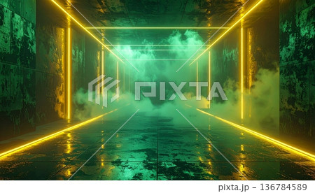 Bright sun rays filter through forest trees and park landscapes while northern lights and stars illuminate the dark night sky over a winter sea 136784589