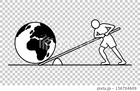 line art showing a person using a lever to move the Earth. Concept of effort, leverage, global impact, teamwork, sustainability, problem solving, strength, and achieving big goals with smart strategy 136784609