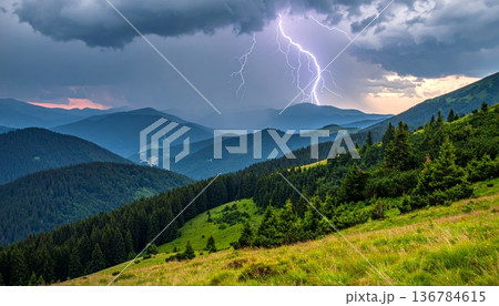 Scenic summer panorama of the alpine mountain range featuring snow peaks and a green forest valley under a cloudy blue sky in the European Alps 136784615