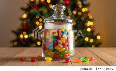 A glass jar filled with sweet red and green candy snacks sits on a rustic wooden table alongside preserved bottled vegetables and pickled glass containers A glass jar filled with sweet red and green candy snacks sits on a rustic wooden table alongside preserved bottled vegetables and pickled glass containers 136784685