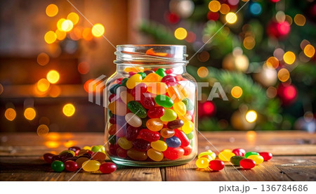A glass jar filled with sweet red and green candy snacks sits on a rustic wooden table alongside preserved bottled vegetables and pickled glass containers 136784686
