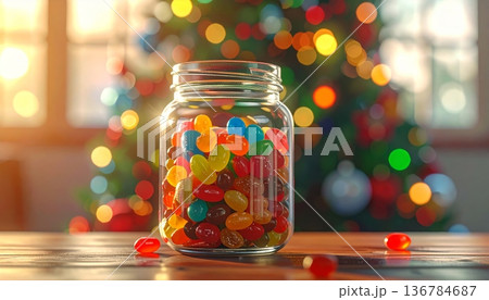 A glass jar filled with sweet red and green candy snacks sits on a rustic wooden table alongside preserved bottled vegetables and pickled glass containers 136784687