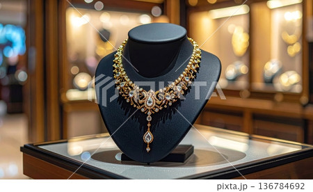 A woman in a stylish shop interior stands near a wooden table decorated with a glass of tea and a ceramic coffee cup 136784692
