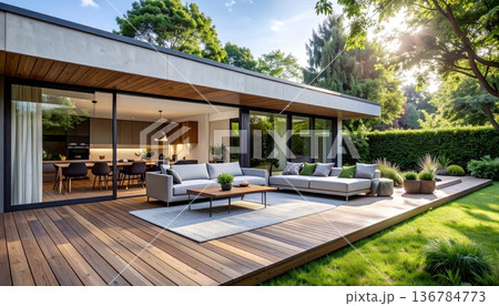 Modern luxury home interior featuring a sleek living room with designer furniture and large windows overlooking a summer pool and garden landscape Modern luxury home interior featuring a sleek living room with designer furniture and large windows overlooking a summer pool and garden landscape 136784773
