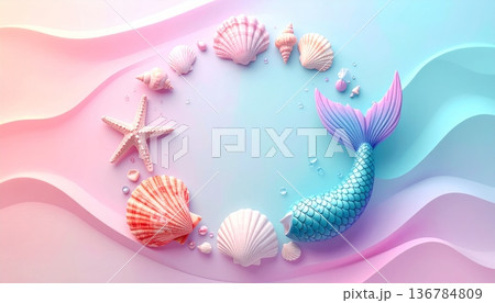 Vibrant abstract colorful floral background featuring butterflies and nature patterns with pink summer flowers, sea shells, and ocean water vectors for a decorative holiday card illustration art desig Vibrant abstract colorful floral background featuring butterflies and nature patterns with pink summer flowers, sea shells, and ocean water vectors for a decorative holiday card illustration art desig 136784809