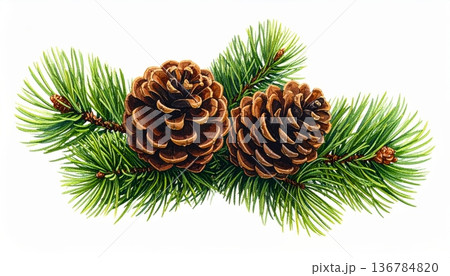 A festive spruce branch adorned with a green pine cone and holiday ornaments brings the essence of a winter nature scene to this Christmas season decoration A festive spruce branch adorned with a green pine cone and holiday ornaments brings the essence of a winter nature scene to this Christmas season decoration 136784820