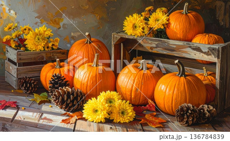 A seasonal autumn harvest of orange pumpkins and gourds with colorful fallen leaves in a rustic basket at a pumpkin patch for Halloween and Thanksgiving holiday celebrations A seasonal autumn harvest of orange pumpkins and gourds with colorful fallen leaves in a rustic basket at a pumpkin patch for Halloween and Thanksgiving holiday celebrations 136784839