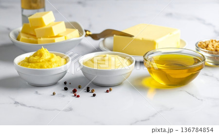 A closeup of healthy baking ingredients including eggs and flour with a gourmet touch of yellow cream in a white bowl for a delicious vegetarian dessert 136784854