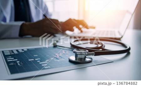 Medical stethoscope resting on a computer keyboard represents the rising cost of healthcare insurance and business finance in modern hospital clinics 136784882