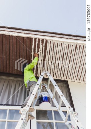 Professional painter standing on a ladder painting wooden roof exterior. 136785005