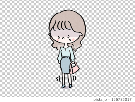 一名女子站著哭泣，雙腿因恐懼和焦慮而顫抖（恐慌、拒絕上班、心理健康問題的插圖） 136785017