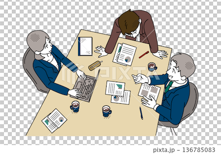 Business team meeting around a table with documents and a laptop 136785083