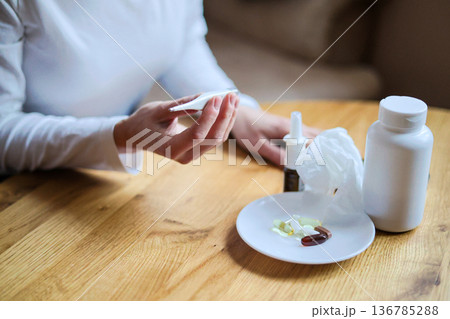 Disease, illness. Pills and health supplements. Measuring temperature. Disease, illness. Pills and health supplements. Measuring temperature. 136785288