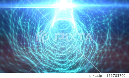 Bright cyan wireframe tunnel with lens flare and geometric network mesh, creating a futuristic digital portal and technology background Bright cyan wireframe tunnel with lens flare and geometric network mesh, creating a futuristic digital portal and technology background 136785702