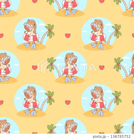 Seamless pattern Summer Horse in Swimming Diving mask and Fins with inflatable swim ring on Sandy on yellow background. Funny Animal Pony Kawaii Beachgoer character. Vector illustration Not AI 136785752