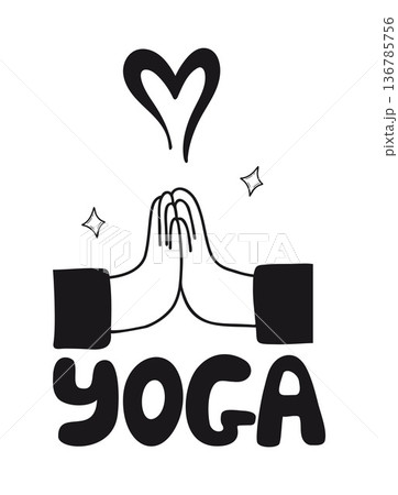Yoga Namaste Doodle Icon. Simple Hands Gesture With Heart And Text Yoga Logo. Isolated hand-drawn on White. Vector Illustration. Not AI 136785756