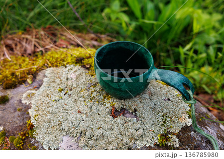 Ceramic cup resting on a moss-covered stone in a tranquil forest setting at dawn 136785980