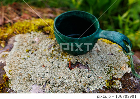 Green cup resting on a mossy stone in a tranquil outdoor setting at morning light 136785981