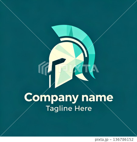 Geometric Spartan helmet logo in teal and cream, modern polygonal design for branding strength and tradition. Geometric Spartan helmet logo in teal and cream, modern polygonal design for branding strength and tradition. 136786152