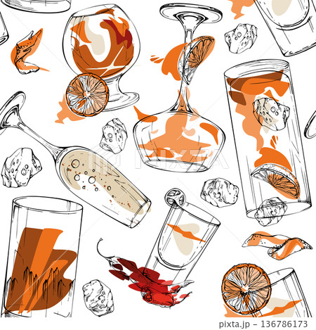Vector seamless pattern of champagne flutes, aperol spritz wine balloons, whisky or brandy collins glasses. Orange peel and slices, ice cubes. Hand drawn ink repeat for gift wrap, textiles, fabric 136786173