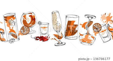 Festive vector banner of champagne sparkling wine, whiskey scotch and aperol spritz ink glasses, shots. Hand drawn seamless strip for celebration ribbons, event headers, menu dividers and packaging. 136786177
