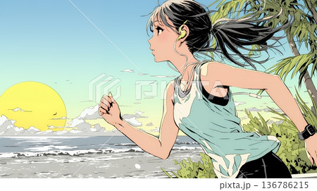 夕方の海を背景にジョギングをする若い女性