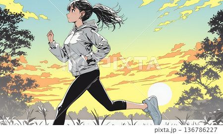 夕方の街並みを背景にジョギングをする若い女性