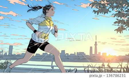 夕方の街並みを背景にジョギングをする若い女性