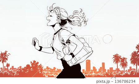 夕方の街並みを背景にジョギングをする若い女性（シンプルな色使い）