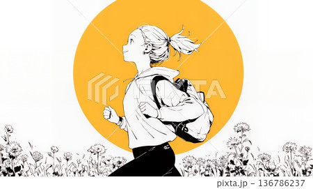 夕方の街並みを背景にジョギングをする若い女性（シンプルな色使い）