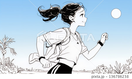 夕方の街並みを背景にジョギングをする若い女性（シンプルな色使い）