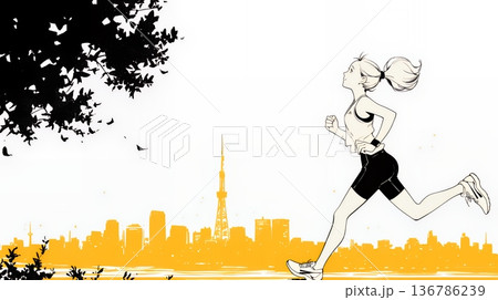 夕方の街並みを背景にジョギングをする若い女性（シンプルな色使い）