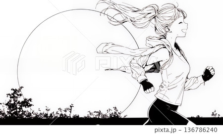 夕日を背景にジョギングをする若い女性（シンプルな色使い）