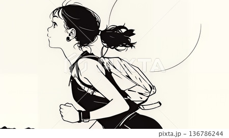 夕日を背景にジョギングをする若い女性（シンプルな色使い）