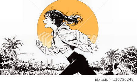 夕日を背景にジョギングをする若い女性（シンプルな色使い）