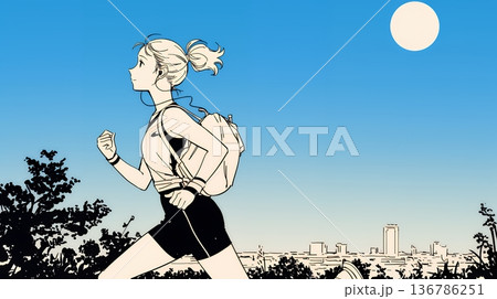 夕方の街並みを背景にジョギングをする若い女性（シンプルな色使い） 136786251