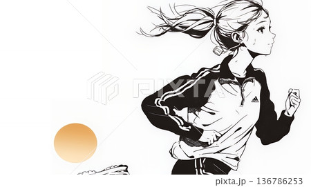 夕日を背景にジョギングをする若い女性（シンプルな色使い） 136786253