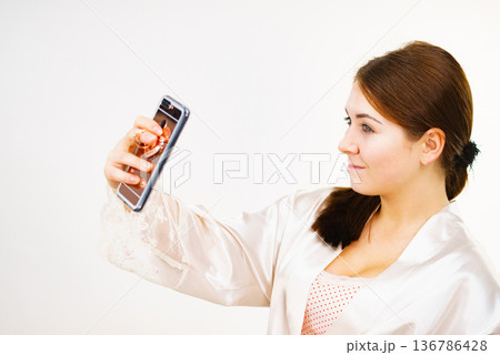 Girl with no makeup take selfie Girl with no makeup take selfie 136786428
