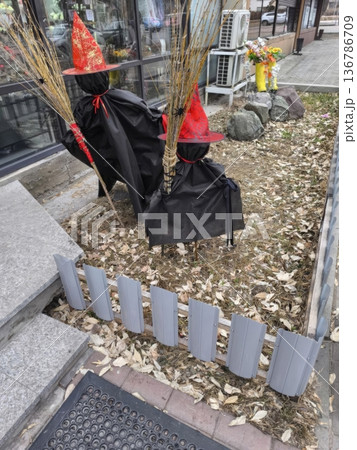 Halloween decorations showcasing witch scarecrows with red hats and broomsticks in an outdoor setting filled with autumn leaves. A festive addition to any home or business for the spooky season. Halloween decorations showcasing witch scarecrows with red hats and broomsticks in an outdoor setting filled with autumn leaves. A festive addition to any home or business for the spooky season. 136786709