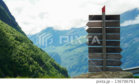 Wooden sign in norwegian mountains. 136786761
