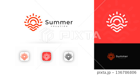 Sun Logo Summer Sunrise Sunset on Sea Icon in Line Boho Style. Modern Nature Circle Sunshine Light Symbol, Sunlight on Ocean Sign. Sunny Morning Label Emblem for Travel Design. Vector Logotype 136786806