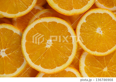 Close-Up of Sliced Orange Wedges Background Close-Up of Sliced Orange Wedges Background 136786908