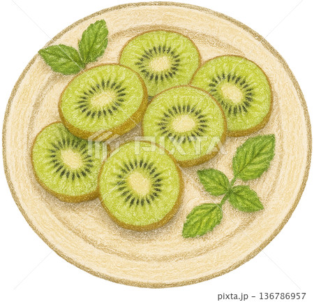 Hand drawn colored pencil kiwi fruit plate illustration, New Zealand food, transparent background 136786957