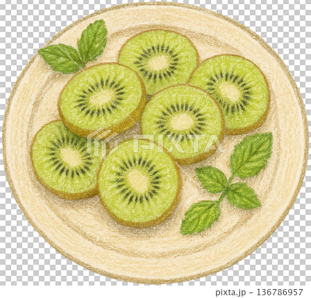 Hand drawn colored pencil kiwi fruit plate illustration, New Zealand food, transparent background 136786957
